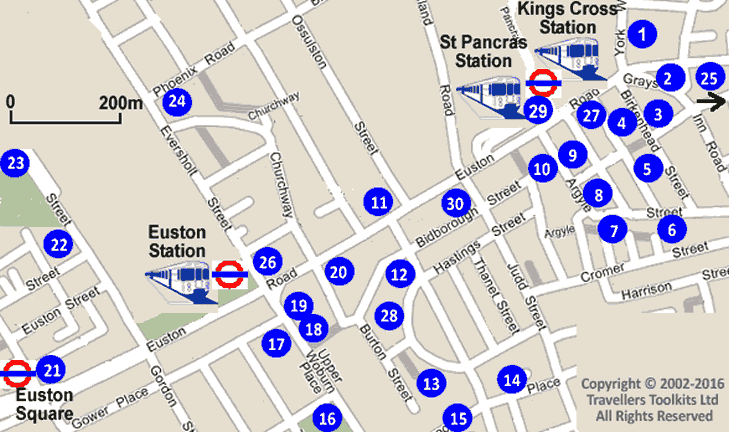 Mapa con los hoteles de St Pancras, Kings Cross & Euston Londres