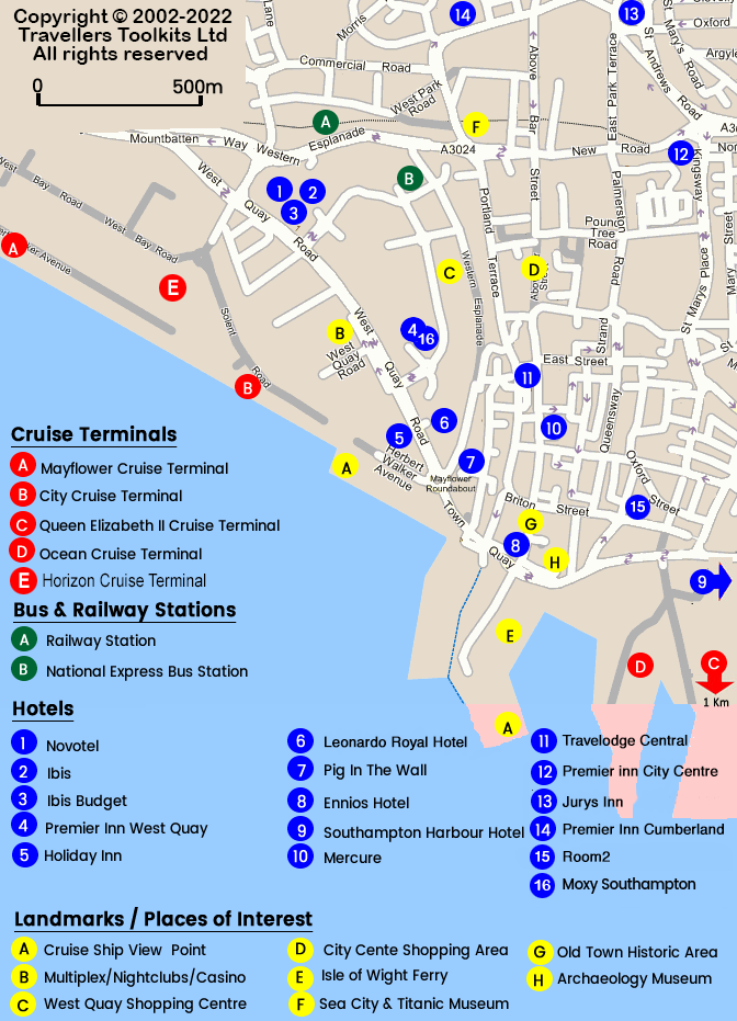 Southampton city map with cruise terminals and hotels