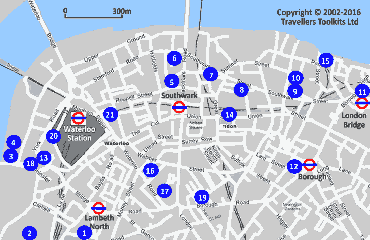 Mapa con los hoteles de County Hall, Southwark & Waterloo Londres