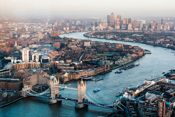 Ariel view of Tower Bridge and City of London