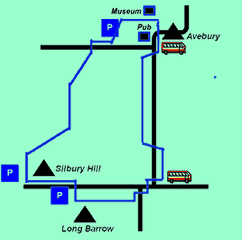 Map of route for walk between Avebury, Silbury Hill and West Kennet Long Barrow