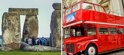 Vintage red bus Premium Tours, with Stonehenge, London