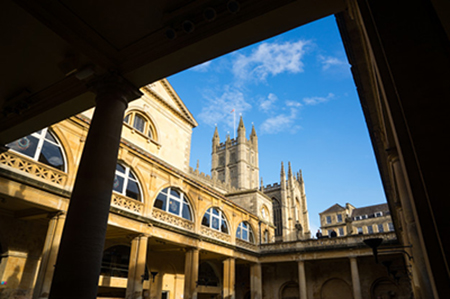 The Roman Baths at Bath with view to Bath Abbey