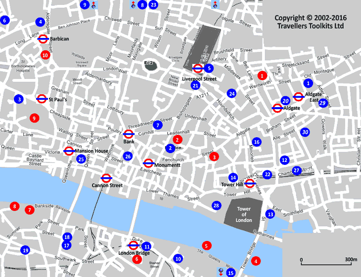 Mapa con los hoteles de Liverpool Street y Torre de Londres