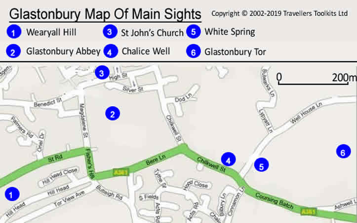 Map of main sights at Glastonbury