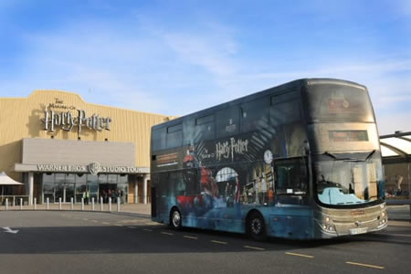 Harry Potter Studio Golden Tours bus outside Studio