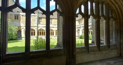 Lacock Abbey looking into garden from cloisters