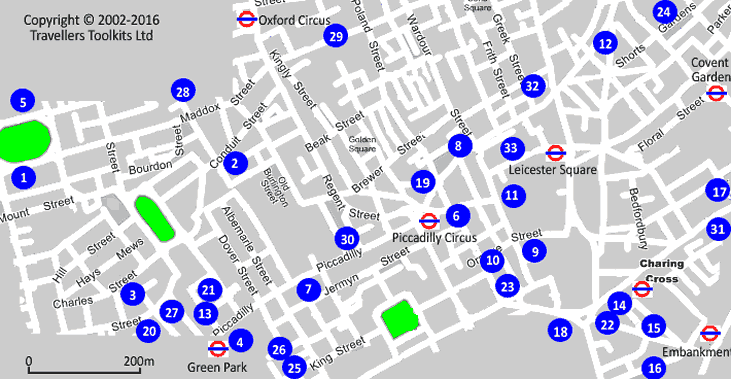 Mapa Con Los Hoteles  en el Corazón del West End de Londres