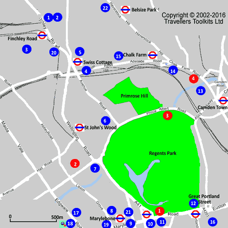 Mapa con los hoteles de Regents Park y Baker Street Londres