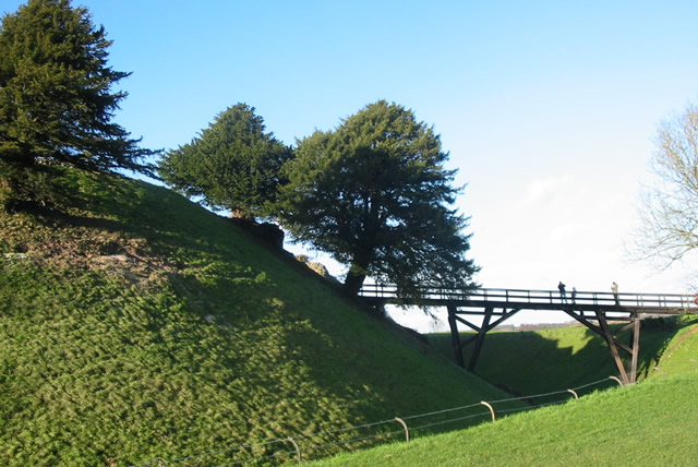 Entrance bridge across moat to Old Sarum Castle Salisbury