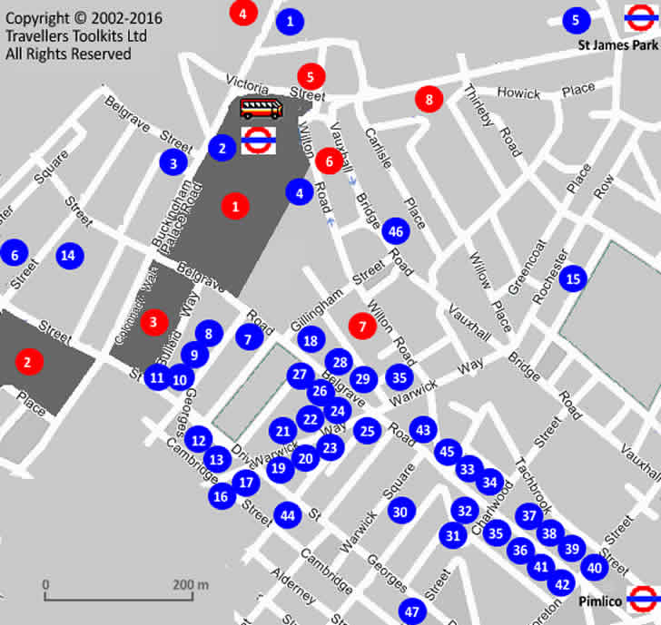 Mapa con los hoteles de Victoria Londres