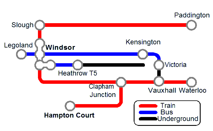 Map of public transport between Windsor and London