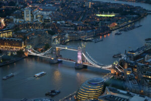 tower bridge at night aerial view of london