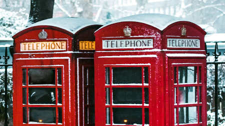 London red telephone boxes in the snow