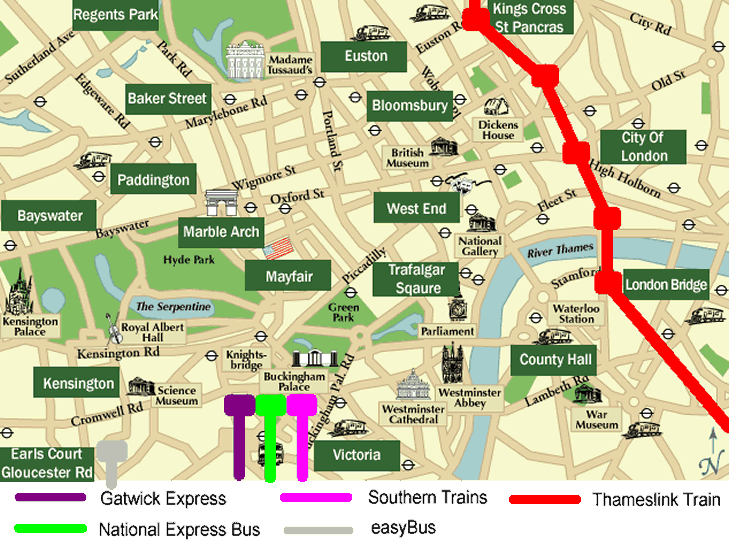 Map of locations in London where Gatwick Airport transport departs from