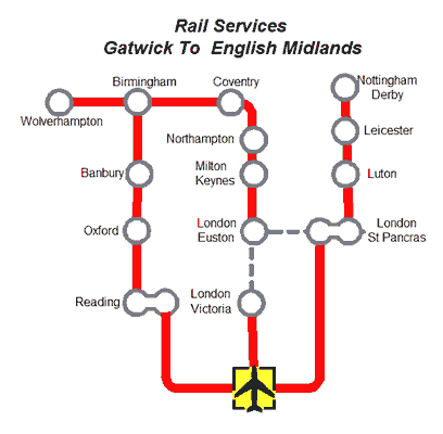 Map of train services Gatwick Airport - English Midland Cities & Towns