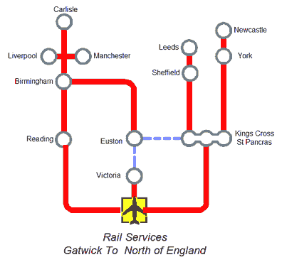 Map of Train Services Gatwick Airport - North of England  Cities & Towns