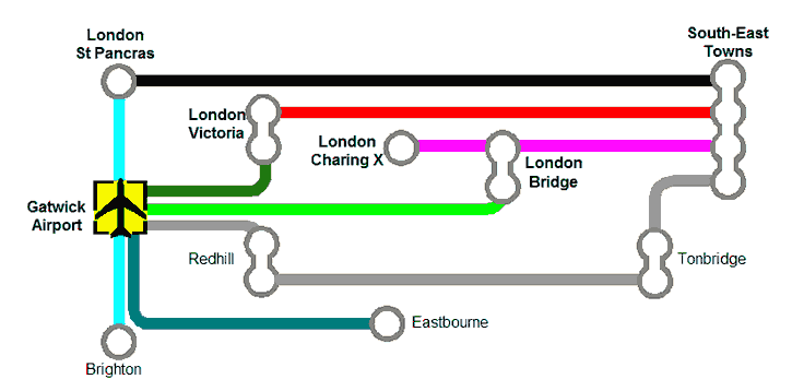 Map of Train Services Gatwick Airport - Southern England