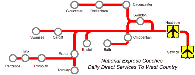 Map of Bus Services Gatwick Airport - Western England & South Wales