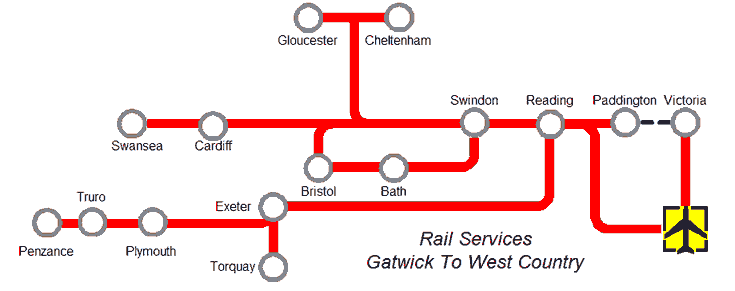 Map of Train Services Gatwick Airport - Western England & South Wales