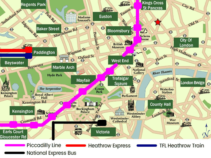 Heathrow - London Terminal Map covering piccadily line to heathrow