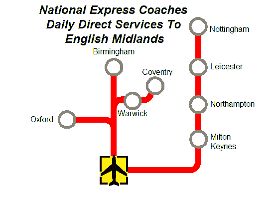 Map of Coach Services Gatwick Airport - English Midland Cities & Towns