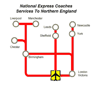 Map of Coach Services Gatwick Airport & North of England Cities & Towns