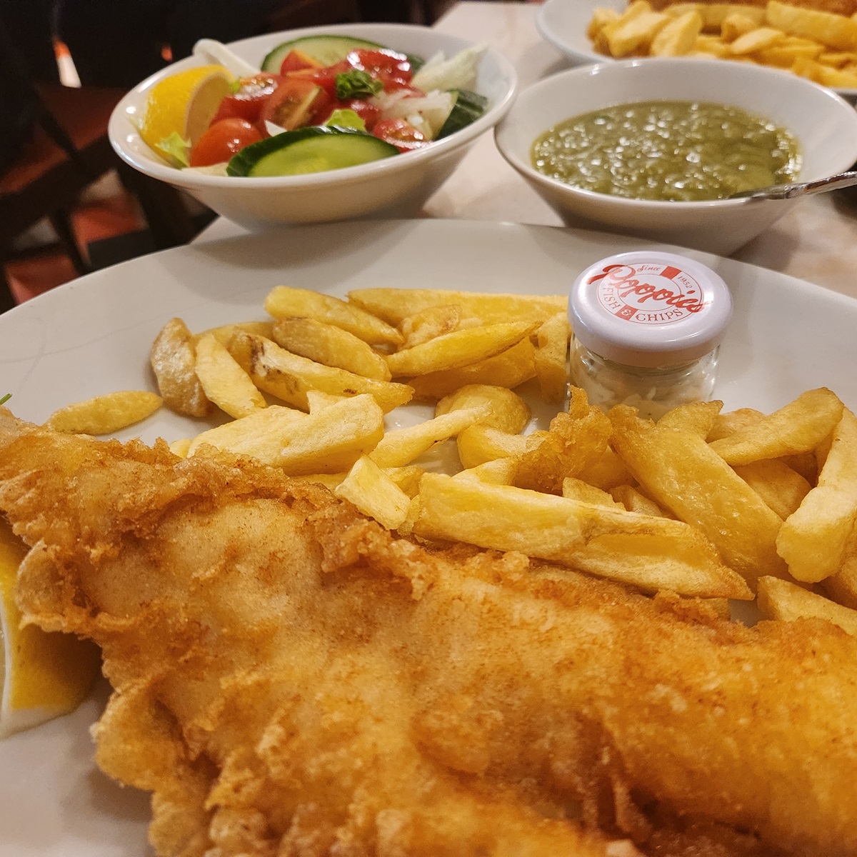 Plate of Fish and Chips at Poppies