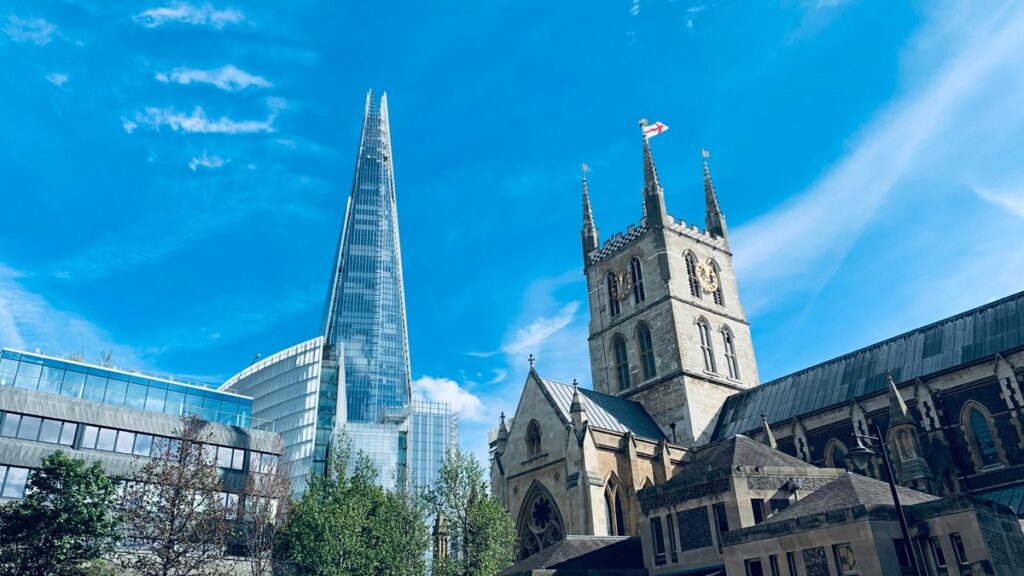Southwark Cathedral with the Shard in background