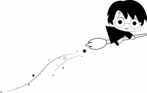 Cartoon image of Harry Potter on a broom