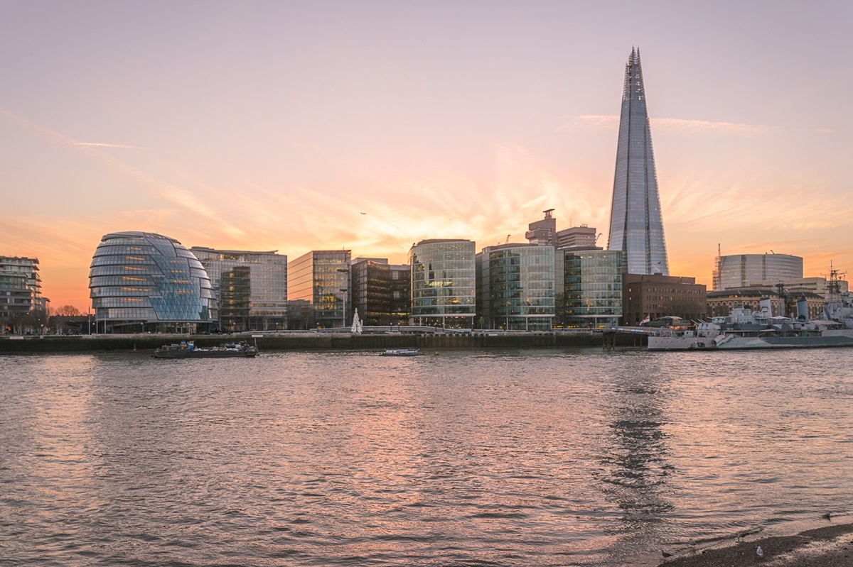 The Shard at sunset across the river Thames