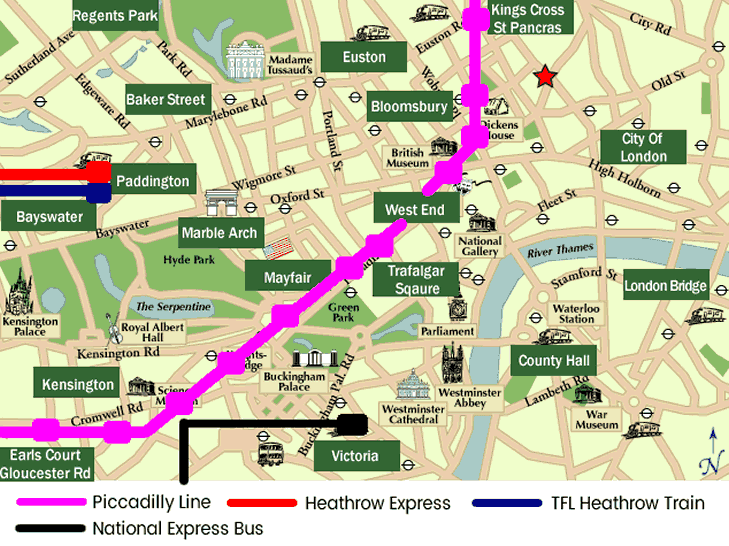Where Heathrow public transport goes in central London