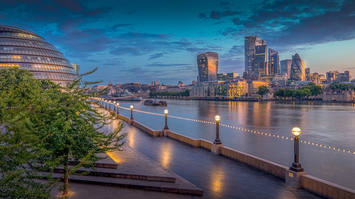 View of London city across the Thames at dusk