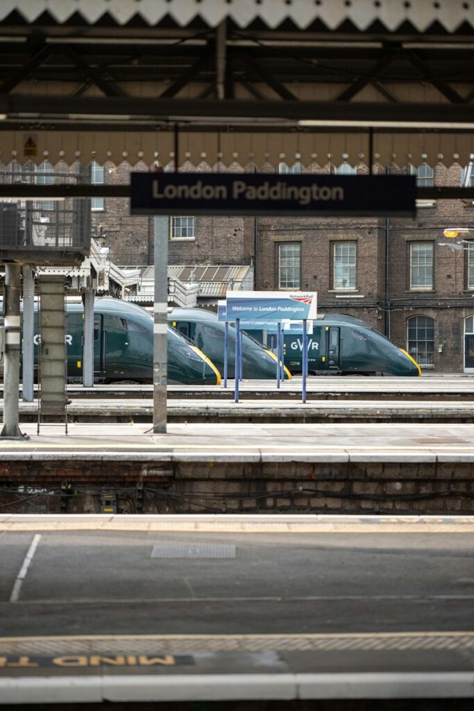 London Paddington Station with trains at platform