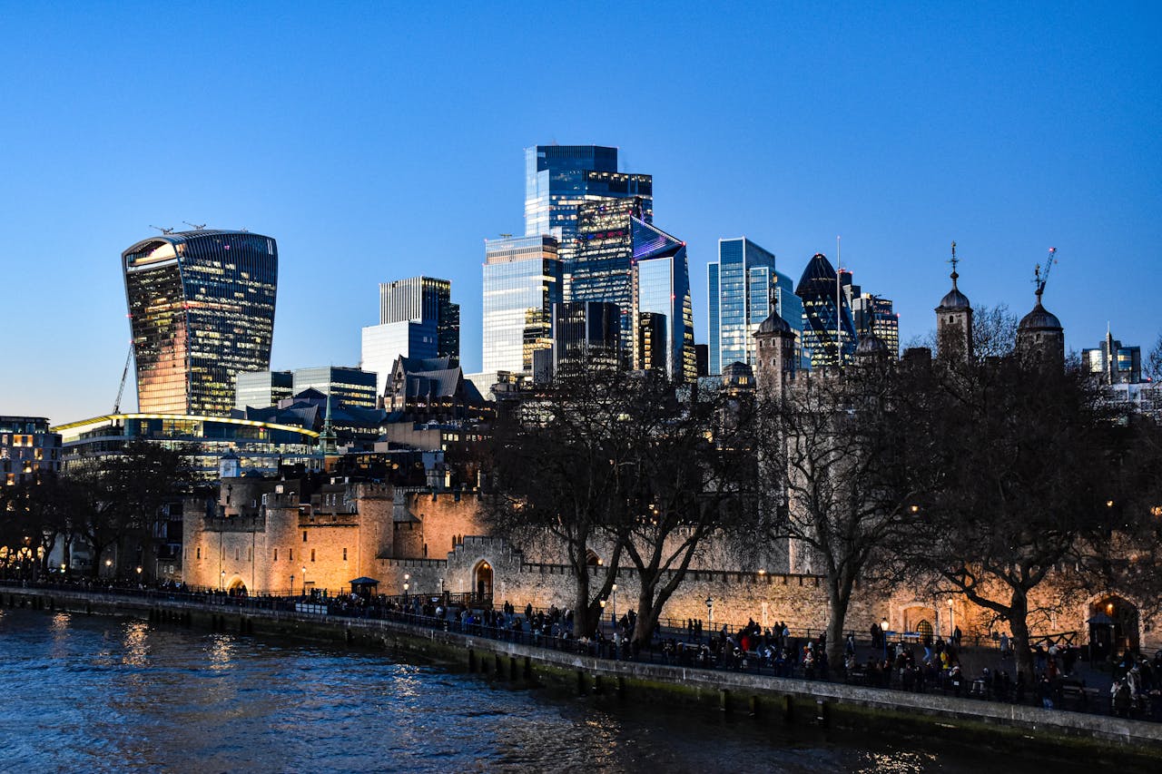 Evening view of the Tower of London across the river Thames