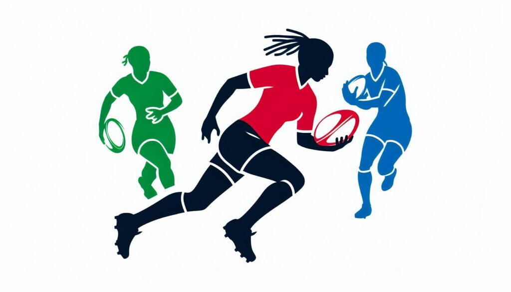 A pictogram image of 3 female rugby players one green, one red and one blue