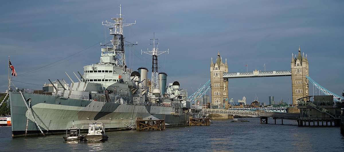 HMS Belfast on the Thames with Tower Bridge in the background