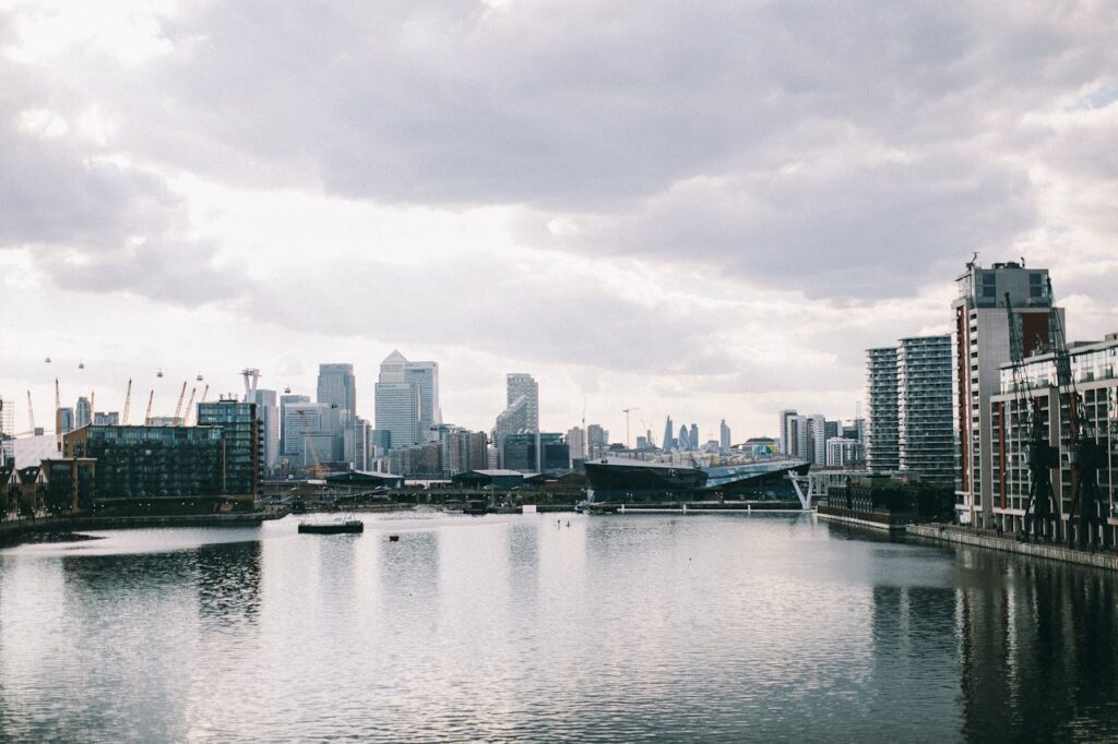 View over Royal Victoria Dock with the O2 in the distance