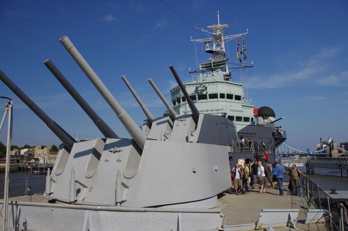 View of HMS Belfast's anti aircraft guns