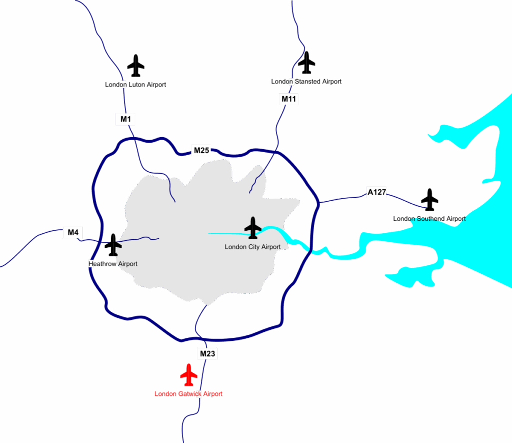 Map showing London Gatwick Airport in relation to London