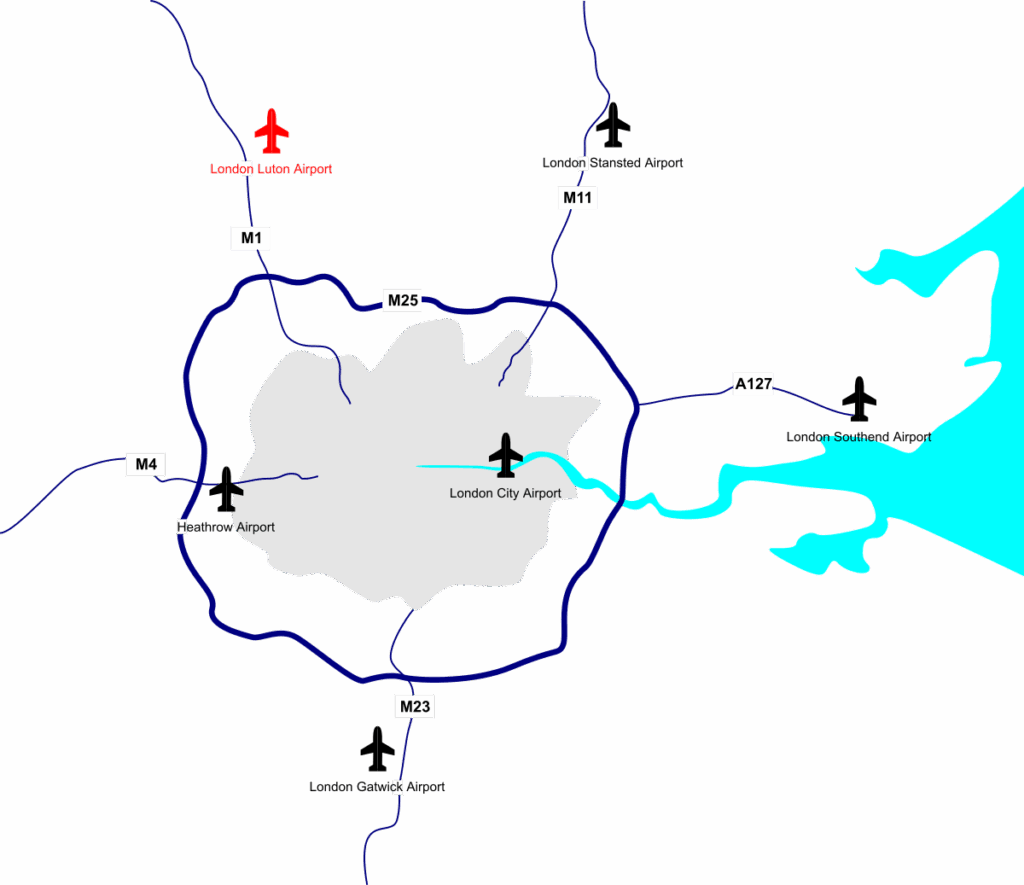 Map showing Luton Airport in relation to London