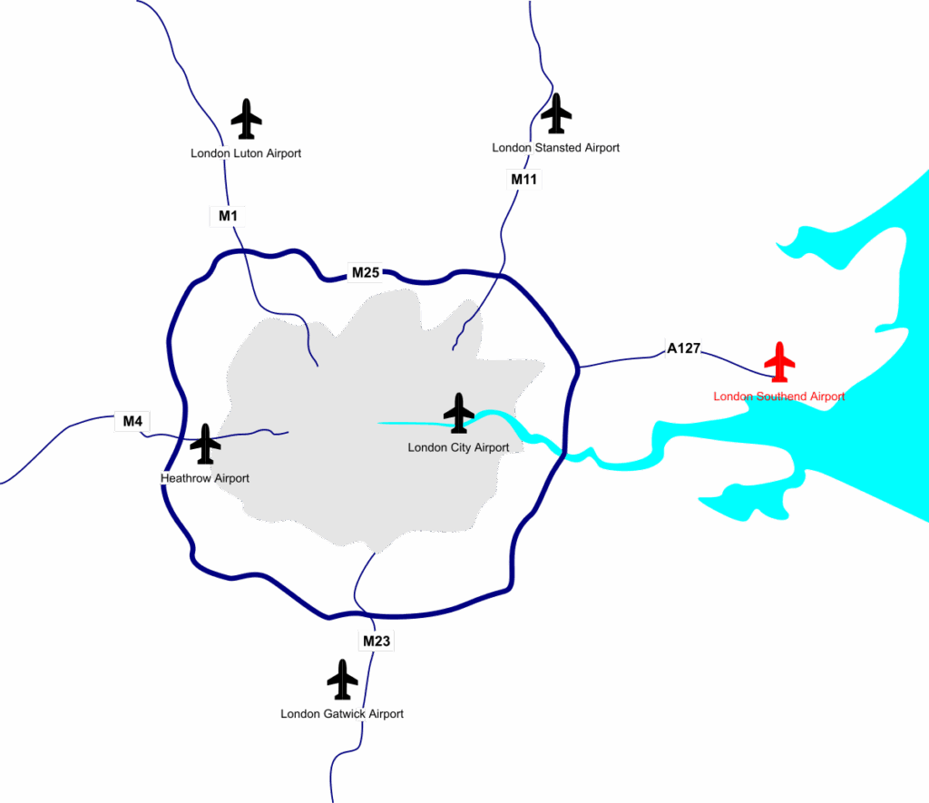 Map showing London Southend Airport in relation to London