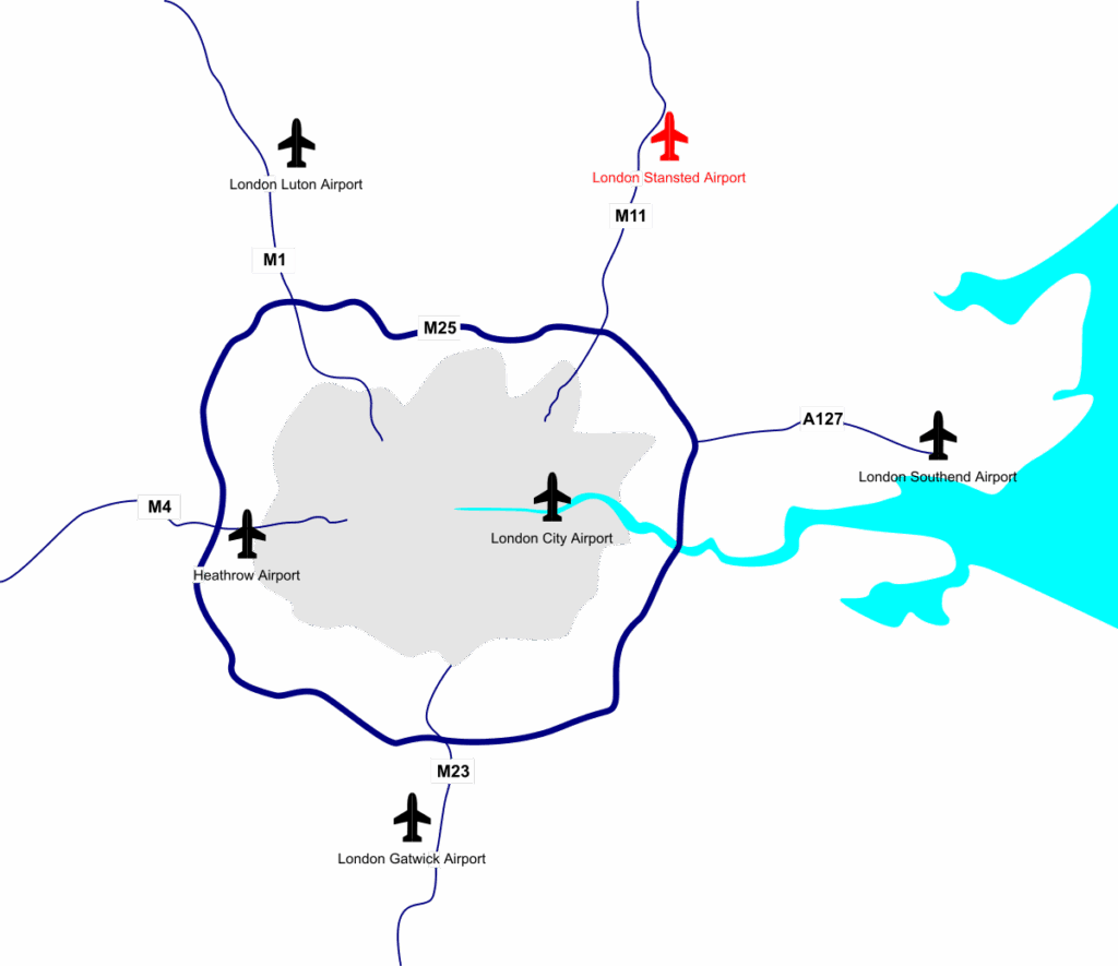 Map showing London Stansted Airport in relation to London