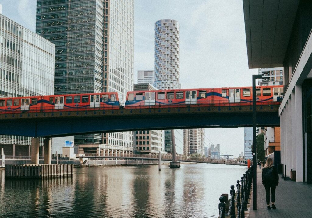 DLR running through Canary Wharf