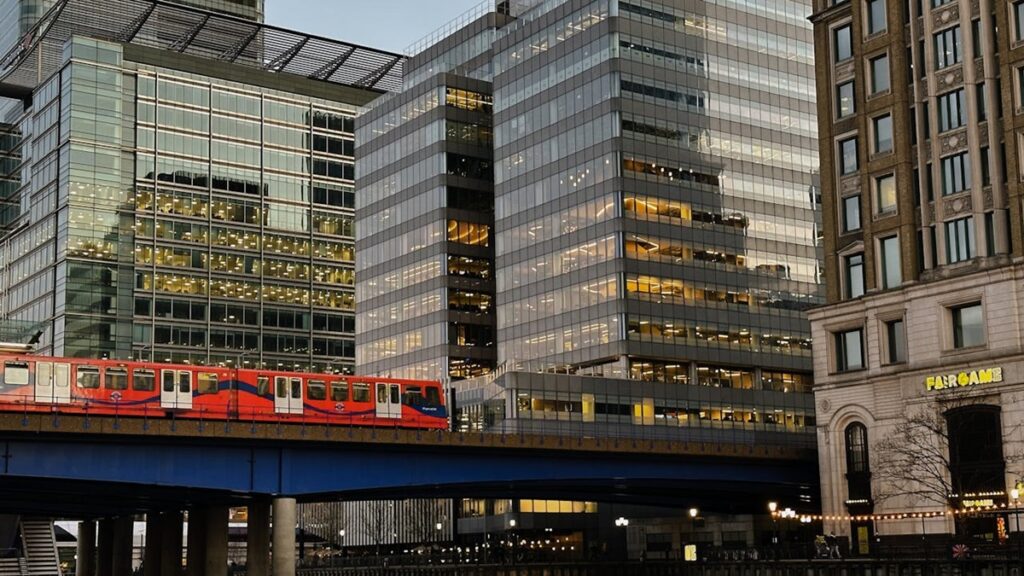 The Docklands Light Railway in the centre of the docklands area
