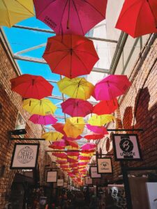 Camden street with bright umbrella ceiling