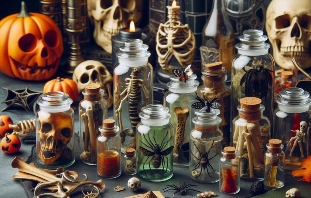 Assortment of specimen jars and bones