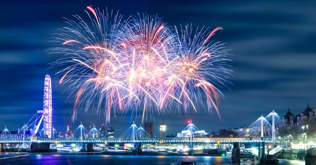 View of a firework display above London's River Thames 