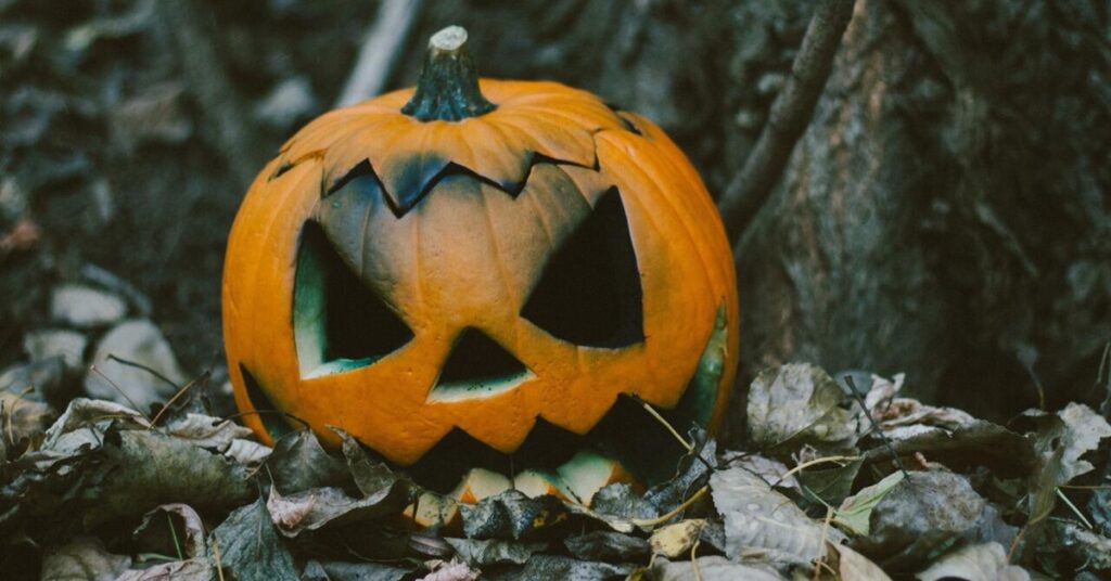 Halloween pumpkin in leaves