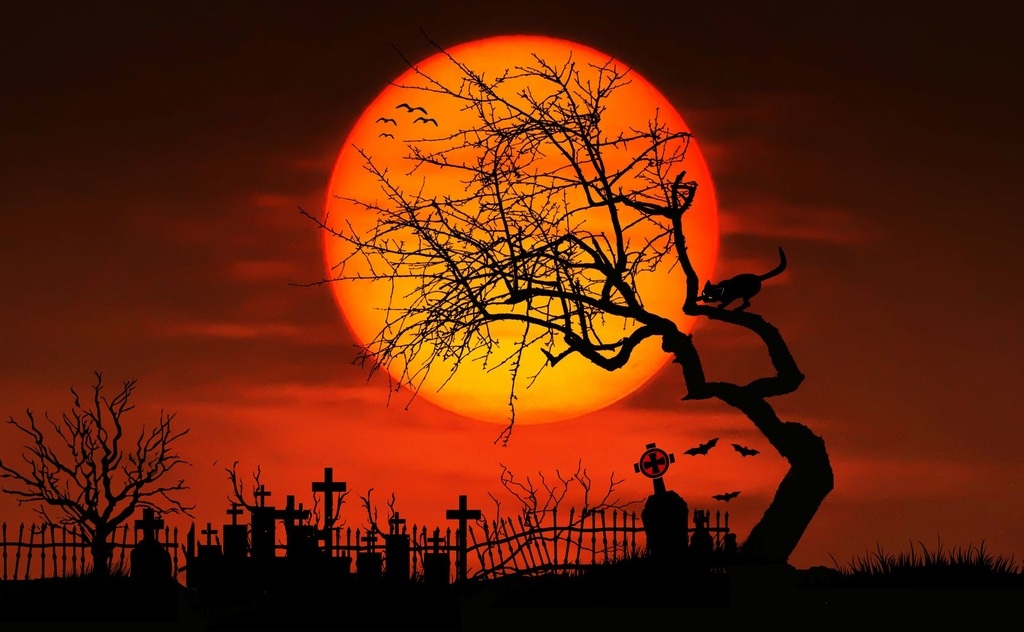 Halloween graveyard with full moon and silhouette tree